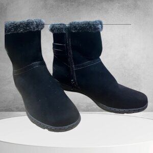 This is a pair of Natural Soul black faux-suede ankle boots with a faux-fur trim